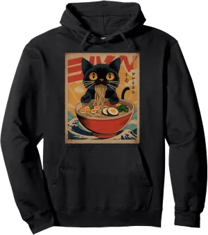 Cat Ramen Japanese Funny Graphic Tees Kawaii Cat Anime Pullover Hoodie