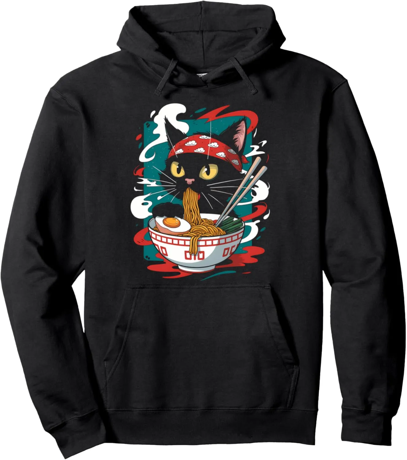 Cat Ramen Japanese Funny Graphic Tees Kawaii Cat Anime Pullover Hoodie
