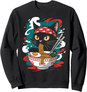 Cat Ramen Japanese Funny Graphic Tees Kawaii Cat Anime Sweatshirt