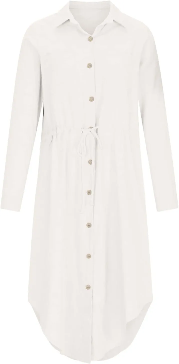 Ceboyel Linen Shirt Dresses for Women Button Down Drawstring Causal Dress Plain Long Maxi Dresses Trendy Ladies Outfits 2023