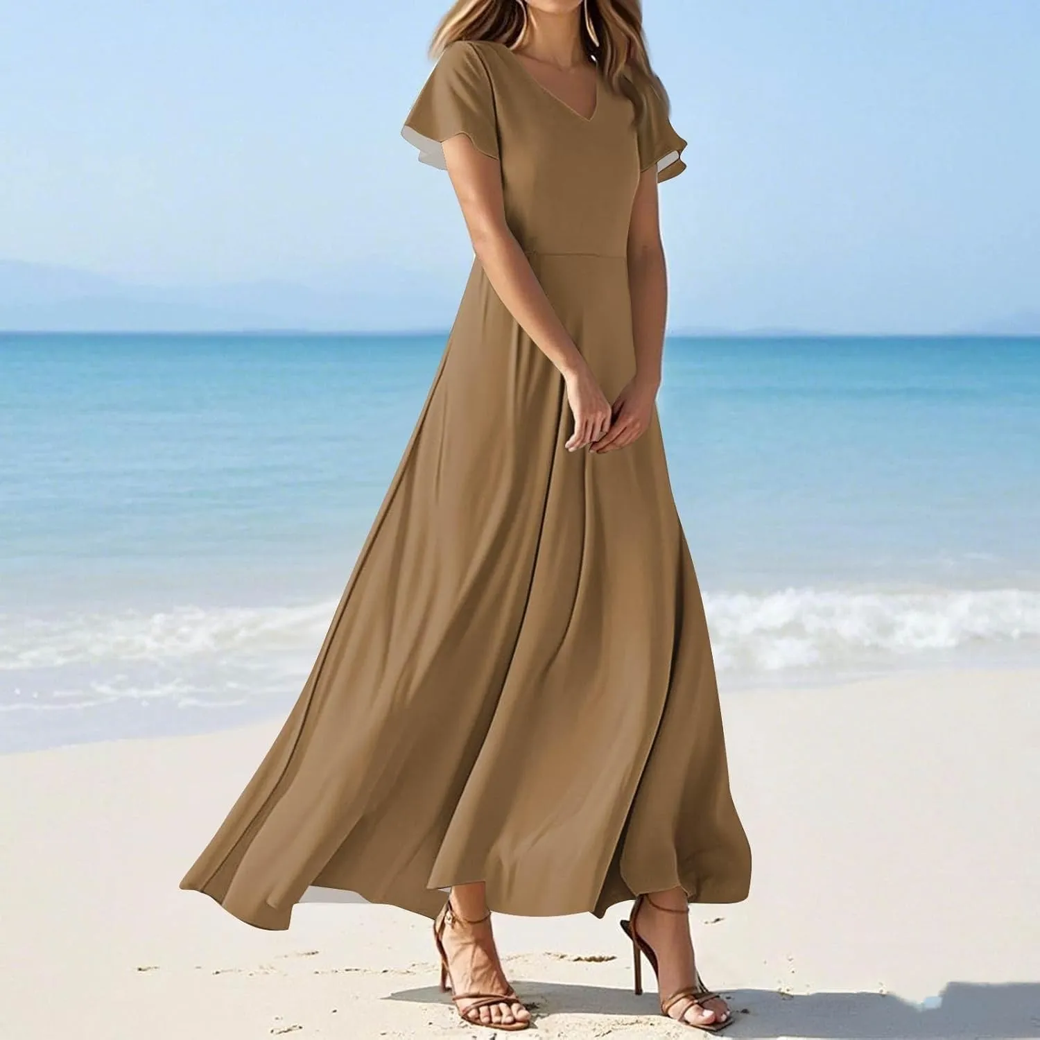 Chiffon Dresses for Women Swing Flowy Ruffle Hem Swing Womens Dresses Holiday Dress Summer Beach Casual Dresses