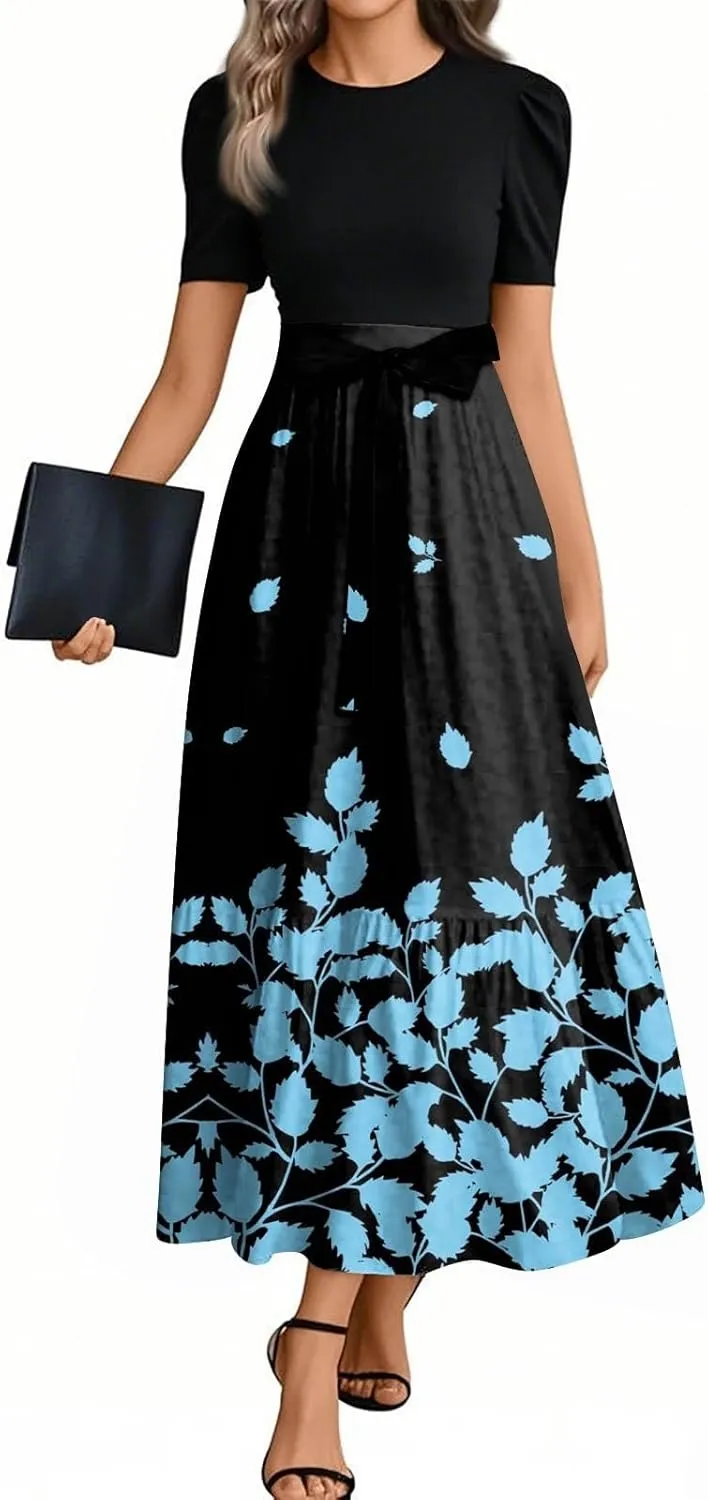 Church Dresses for Women Summer Short Sleeve Floral Long Dress Elegant Party Cocktail A Line Flowy Maxi Dress