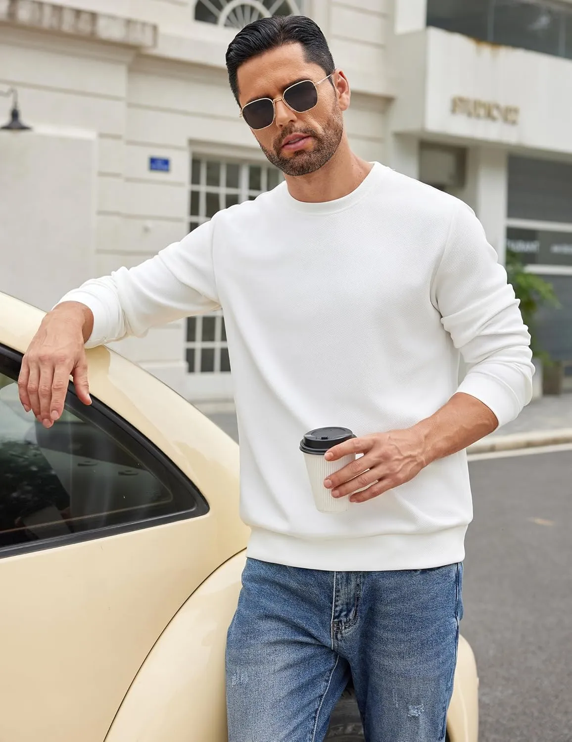 COOFANDY Mens Crewneck Sweatshirts Long Sleeve Basic Pullover Shirts Twill Textured Soild Casual Tops
