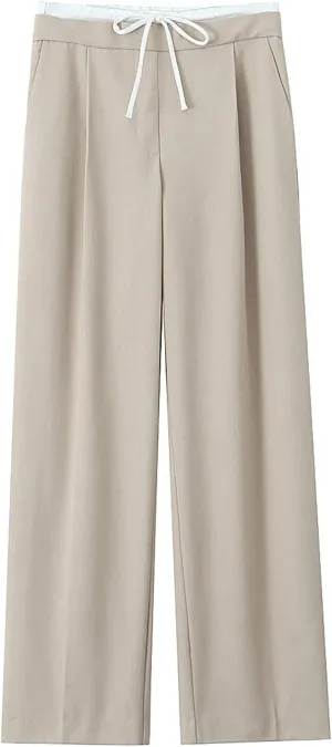 CORIRESHA Women's Casual Contrast Drawstring Waist Straight Leg Pants Basic Trousers