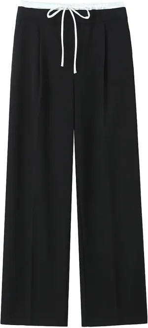 CORIRESHA Women's Casual Contrast Drawstring Waist Straight Leg Pants Basic Trousers