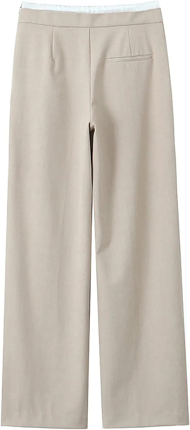 CORIRESHA Women's Casual Contrast Drawstring Waist Straight Leg Pants Basic Trousers
