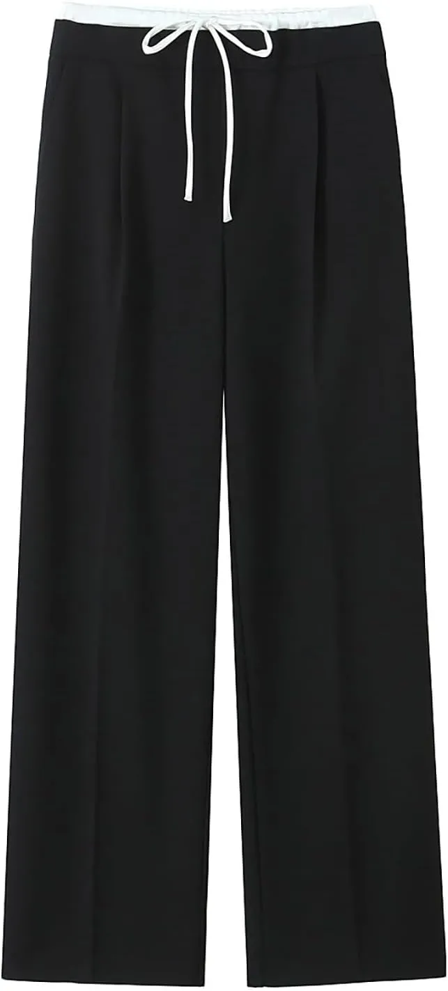 CORIRESHA Women's Casual Contrast Drawstring Waist Straight Leg Pants Basic Trousers