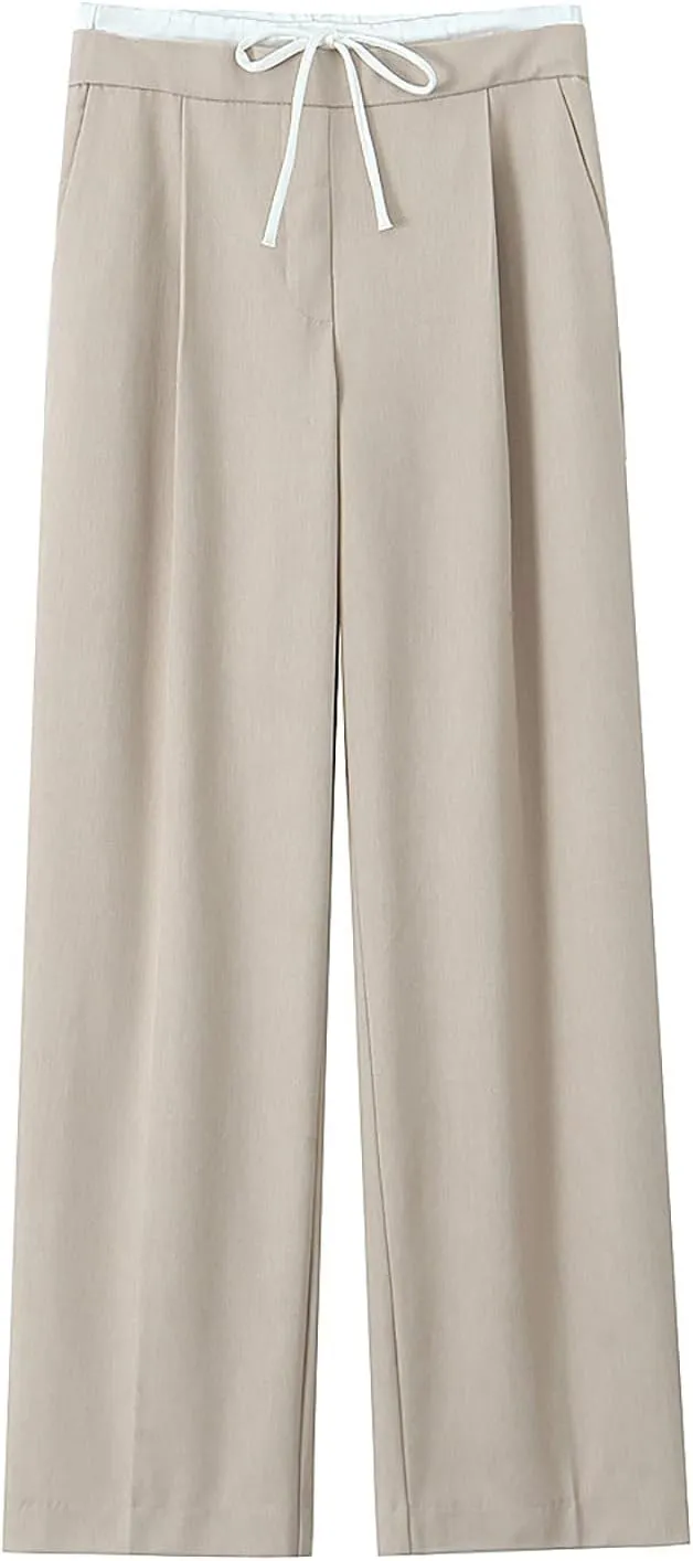 CORIRESHA Women's Casual Contrast Drawstring Waist Straight Leg Pants Basic Trousers
