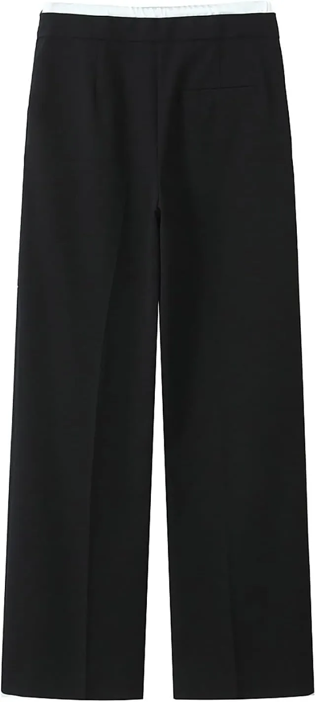 CORIRESHA Women's Casual Contrast Drawstring Waist Straight Leg Pants Basic Trousers