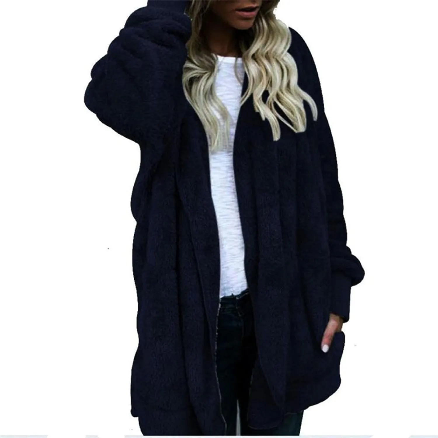 COTECRAM 2024 Womens Winter Long Sleeve Solid Fuzzy Fleece Open Front Hooded Cardigans Jacket Warm Coats Outwear Plush Tops