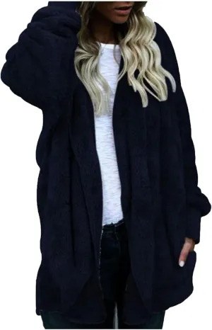 COTECRAM 2024 Womens Winter Long Sleeve Solid Fuzzy Fleece Open Front Hooded Cardigans Jacket Warm Coats Outwear Plush Tops