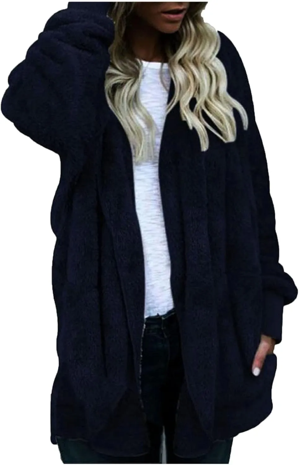 COTECRAM 2024 Womens Winter Long Sleeve Solid Fuzzy Fleece Open Front Hooded Cardigans Jacket Warm Coats Outwear Plush Tops