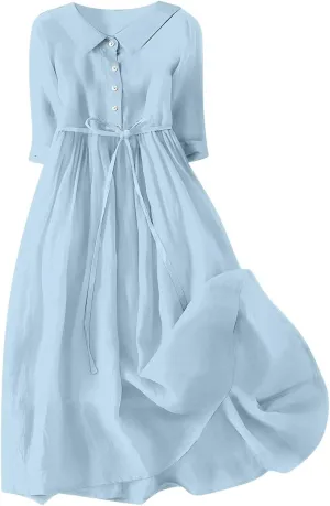 Cotton Linen Dress for Women 2025 Casual 3/4 Sleeve A Line Summer Maxi Dresses Spring Fashion Clothes