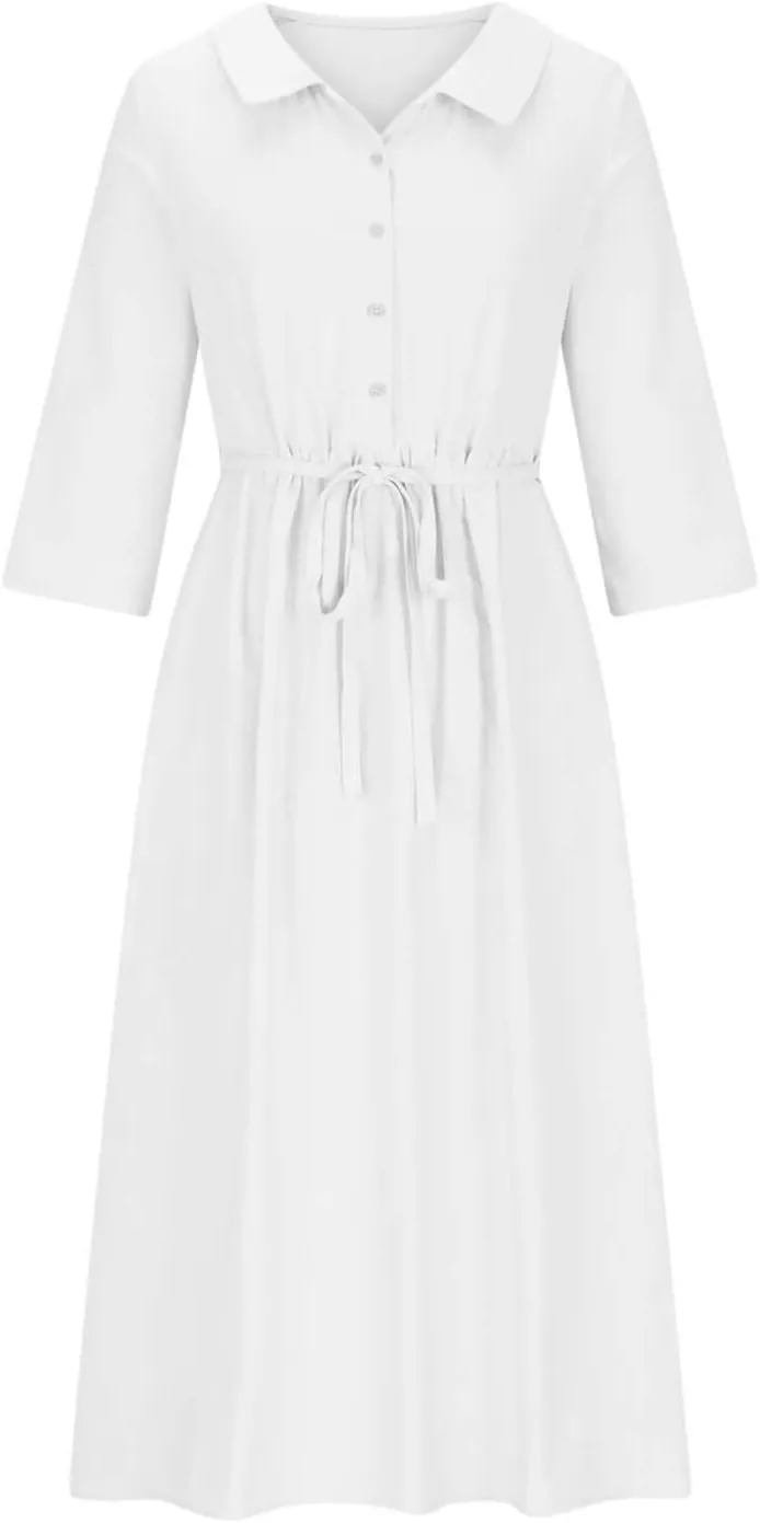 Cotton Linen Dress for Women 2025 Casual 3/4 Sleeve A Line Summer Maxi Dresses Spring Fashion Clothes