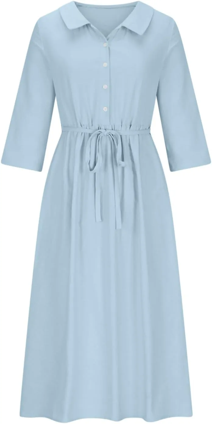 Cotton Linen Dress for Women 2025 Casual 3/4 Sleeve A Line Summer Maxi Dresses Spring Fashion Clothes