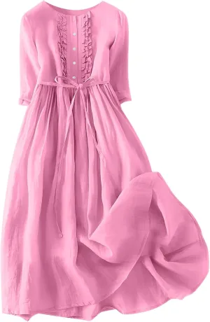 Cotton Linen Dress for Women 2025 Casual 3/4 Sleeve A Line Summer Maxi Dresses Spring Fashion Clothes