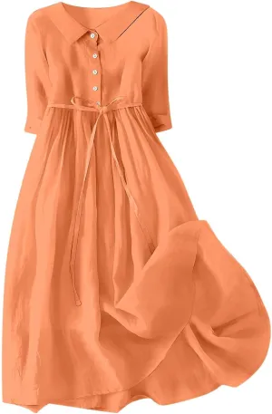 Cotton Linen Dress for Women 2025 Casual 3/4 Sleeve A Line Summer Maxi Dresses Spring Fashion Clothes