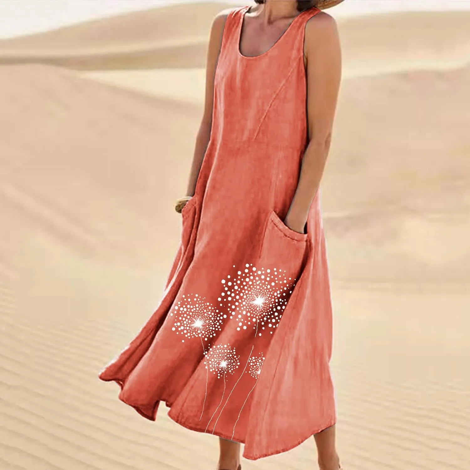 Cotton Linen Dress for Women 2025 Plus Size Sleeveless Summer Maxi Dresses Casual Elegante Floral Sundress with Pockets