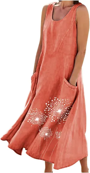 Cotton Linen Dress for Women 2025 Plus Size Sleeveless Summer Maxi Dresses Casual Elegante Floral Sundress with Pockets