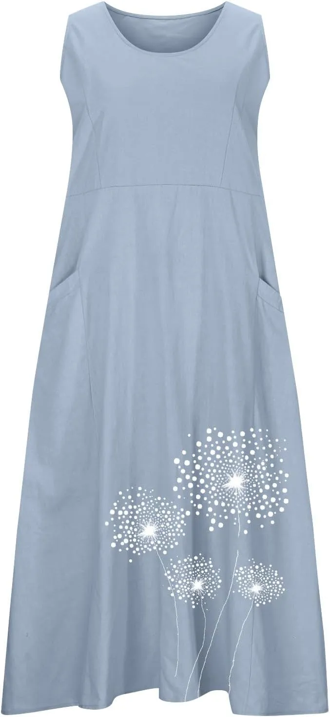 Cotton Linen Dress for Women 2025 Plus Size Sleeveless Summer Maxi Dresses Casual Elegante Floral Sundress with Pockets
