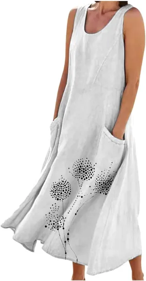 Cotton Linen Dress for Women 2025 Plus Size Sleeveless Summer Maxi Dresses Casual Elegante Floral Sundress with Pockets
