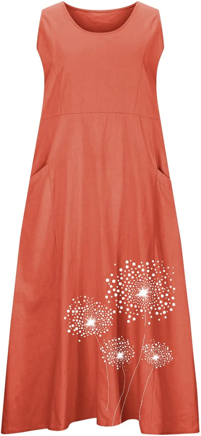 Cotton Linen Dress for Women 2025 Plus Size Sleeveless Summer Maxi Dresses Casual Elegante Floral Sundress with Pockets