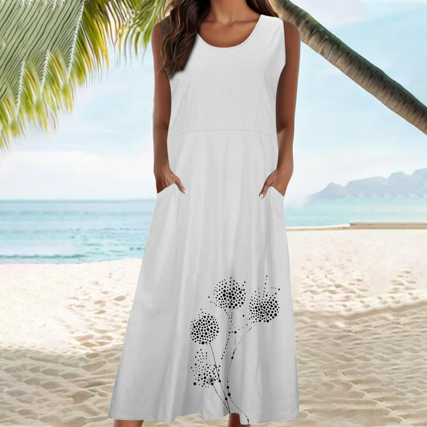 Cotton Linen Dress for Women 2025 Plus Size Sleeveless Summer Maxi Dresses Casual Elegante Floral Sundress with Pockets