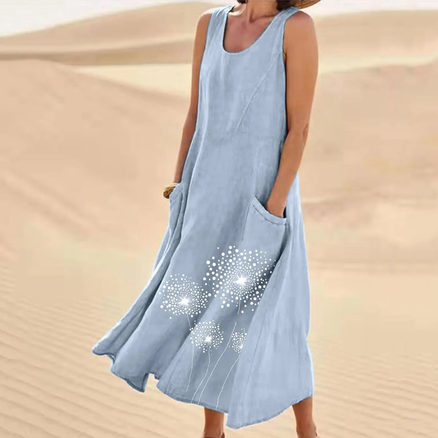 Cotton Linen Dress for Women 2025 Plus Size Sleeveless Summer Maxi Dresses Casual Elegante Floral Sundress with Pockets