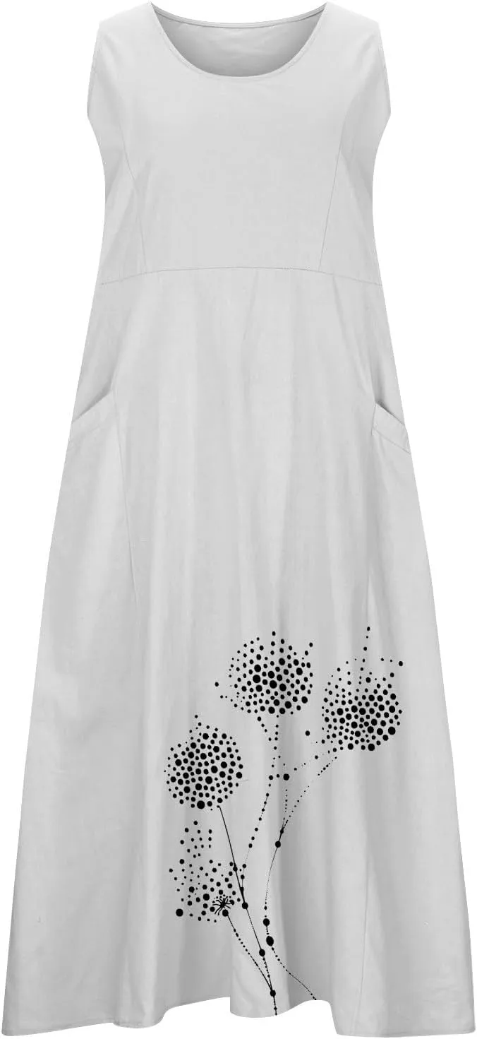 Cotton Linen Dress for Women 2025 Plus Size Sleeveless Summer Maxi Dresses Casual Elegante Floral Sundress with Pockets
