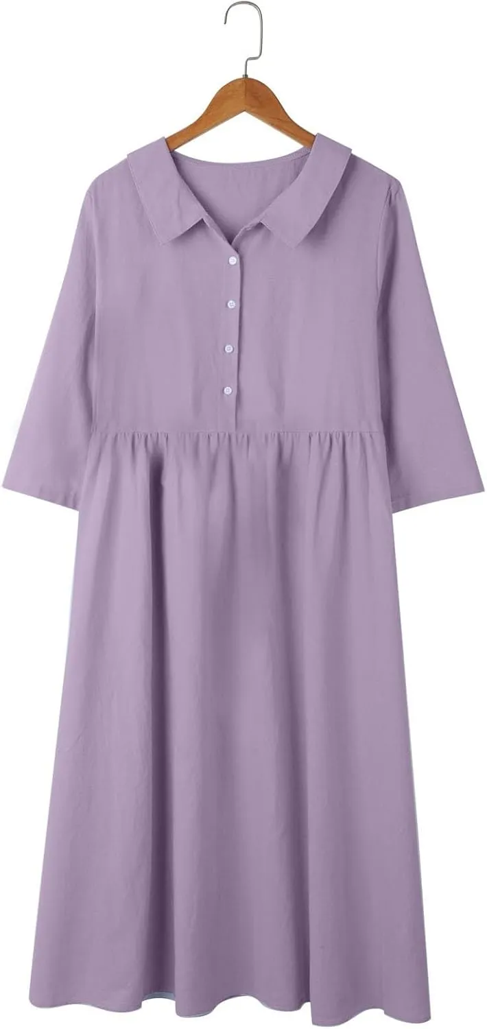 Cotton Linen Dresses for Women 2025 Casual Summer Sleeveless Button Down Dresses Loose Fit Turn Down Neck Sundress