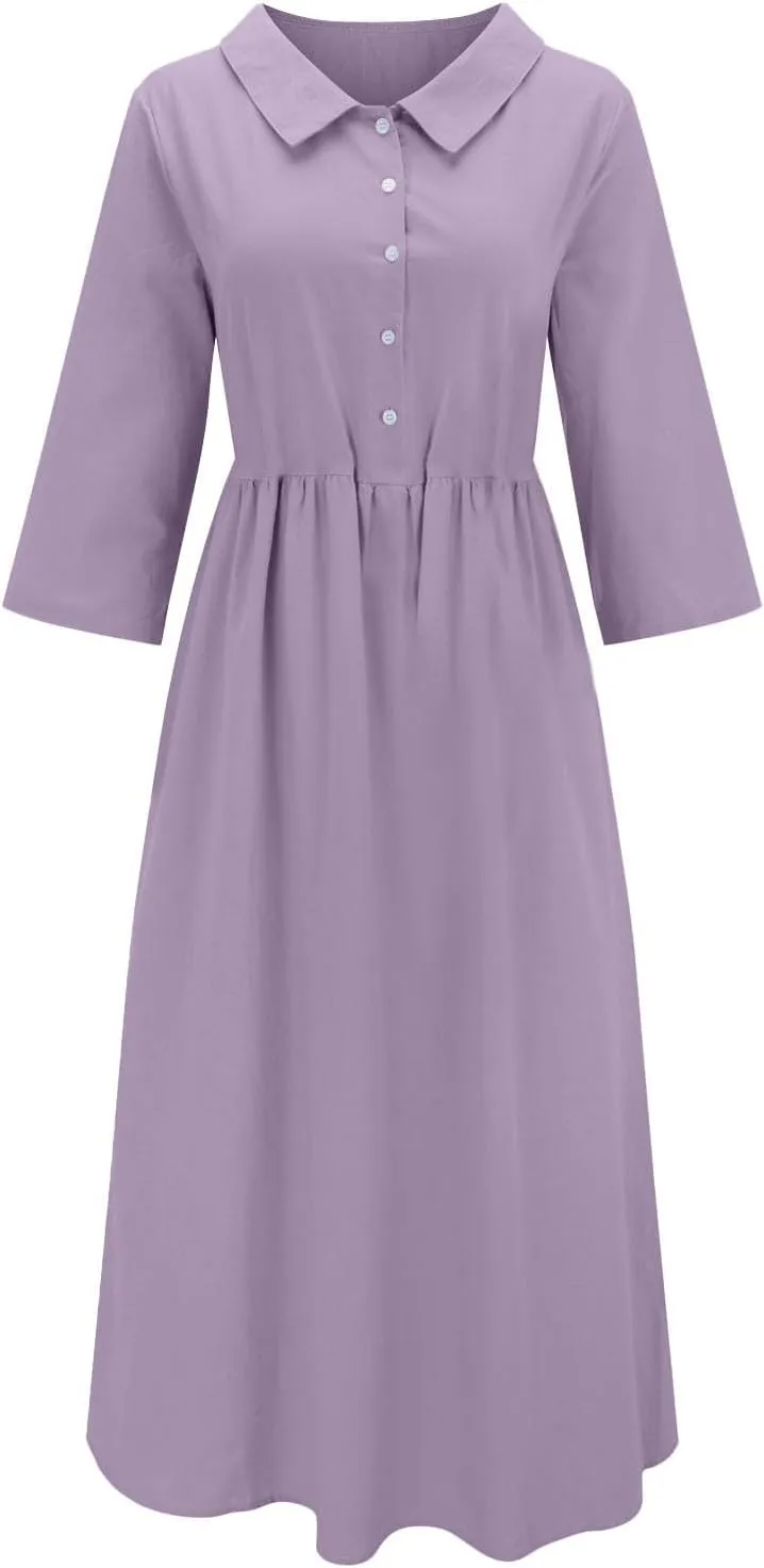 Cotton Linen Dresses for Women 2025 Casual Summer Sleeveless Button Down Dresses Loose Fit Turn Down Neck Sundress