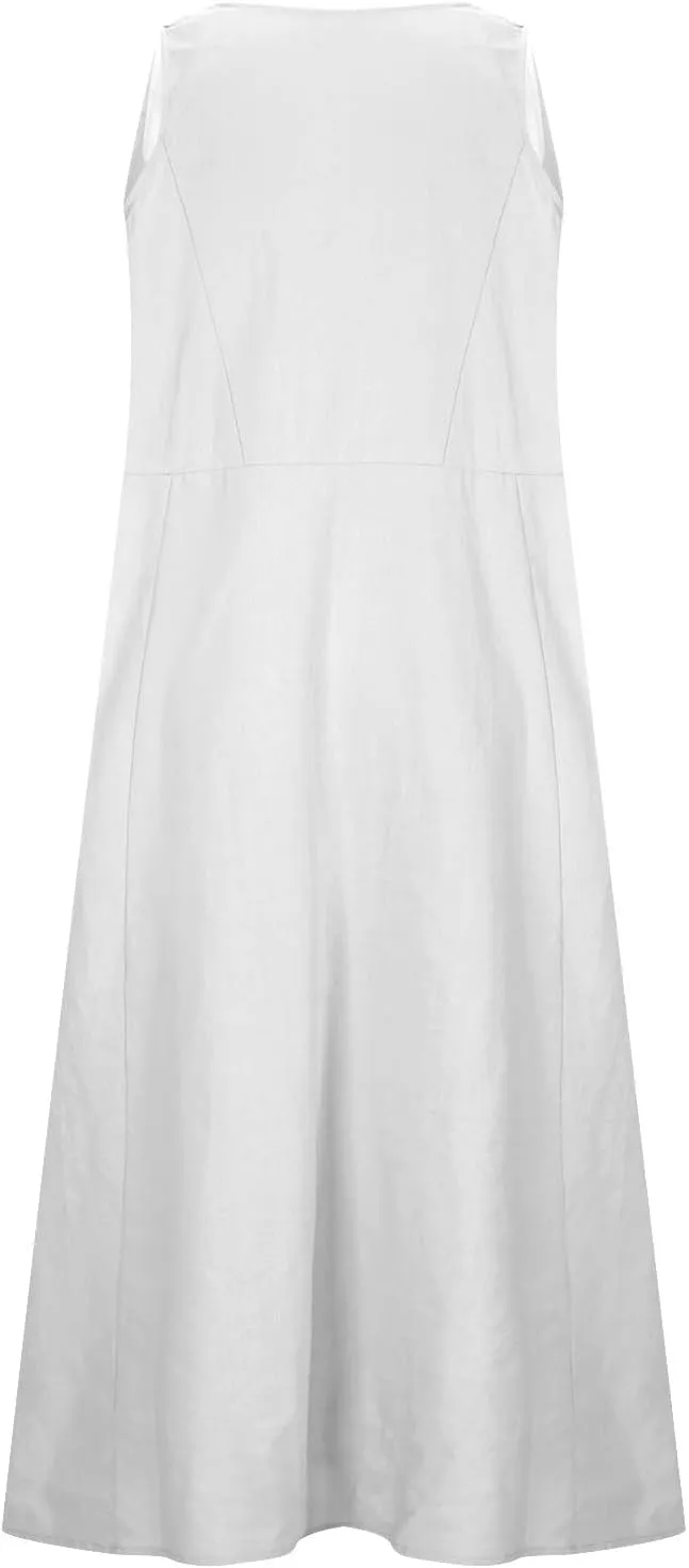 Cotton Linen Dresses for Women 2025 Plus Size Sleeveless Summer Maxi Dress Crewneck Floral Beach Sundress with Pockets