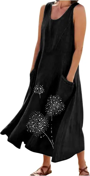 Cotton Linen Dresses for Women 2025 Plus Size Sleeveless Summer Maxi Dress Crewneck Floral Beach Sundress with Pockets