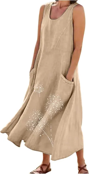 Cotton Linen Dresses for Women 2025 Plus Size Sleeveless Summer Maxi Dress Crewneck Floral Beach Sundress with Pockets