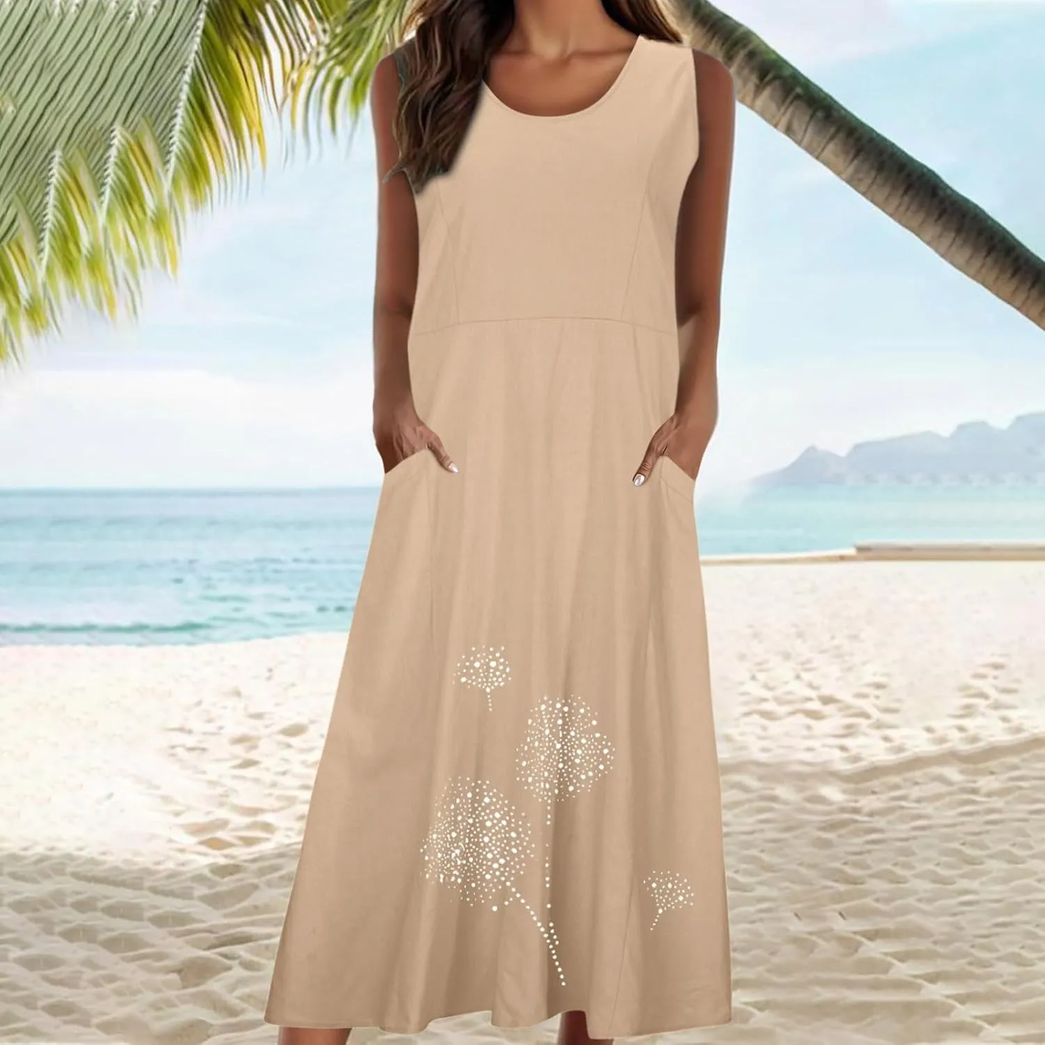 Cotton Linen Dresses for Women 2025 Plus Size Sleeveless Summer Maxi Dress Crewneck Floral Beach Sundress with Pockets
