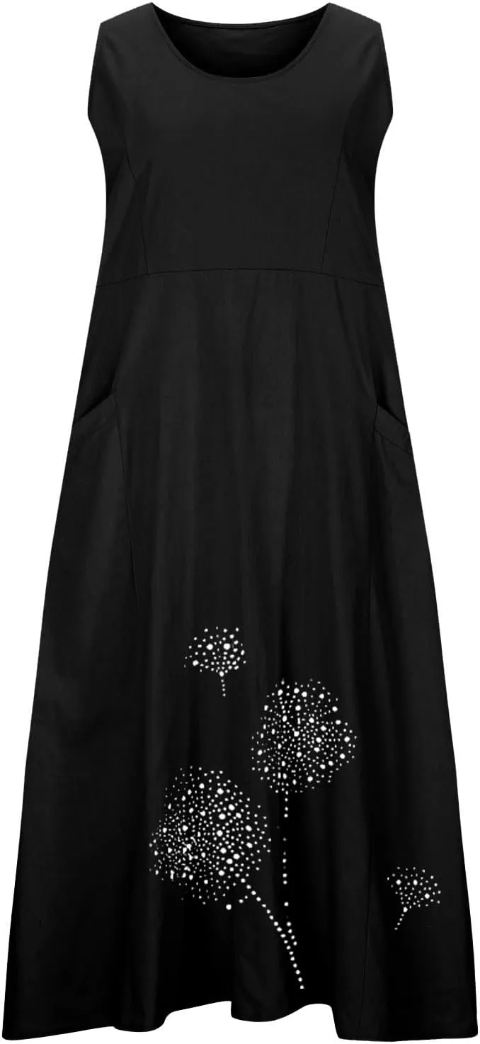 Cotton Linen Dresses for Women 2025 Plus Size Sleeveless Summer Maxi Dress Crewneck Floral Beach Sundress with Pockets