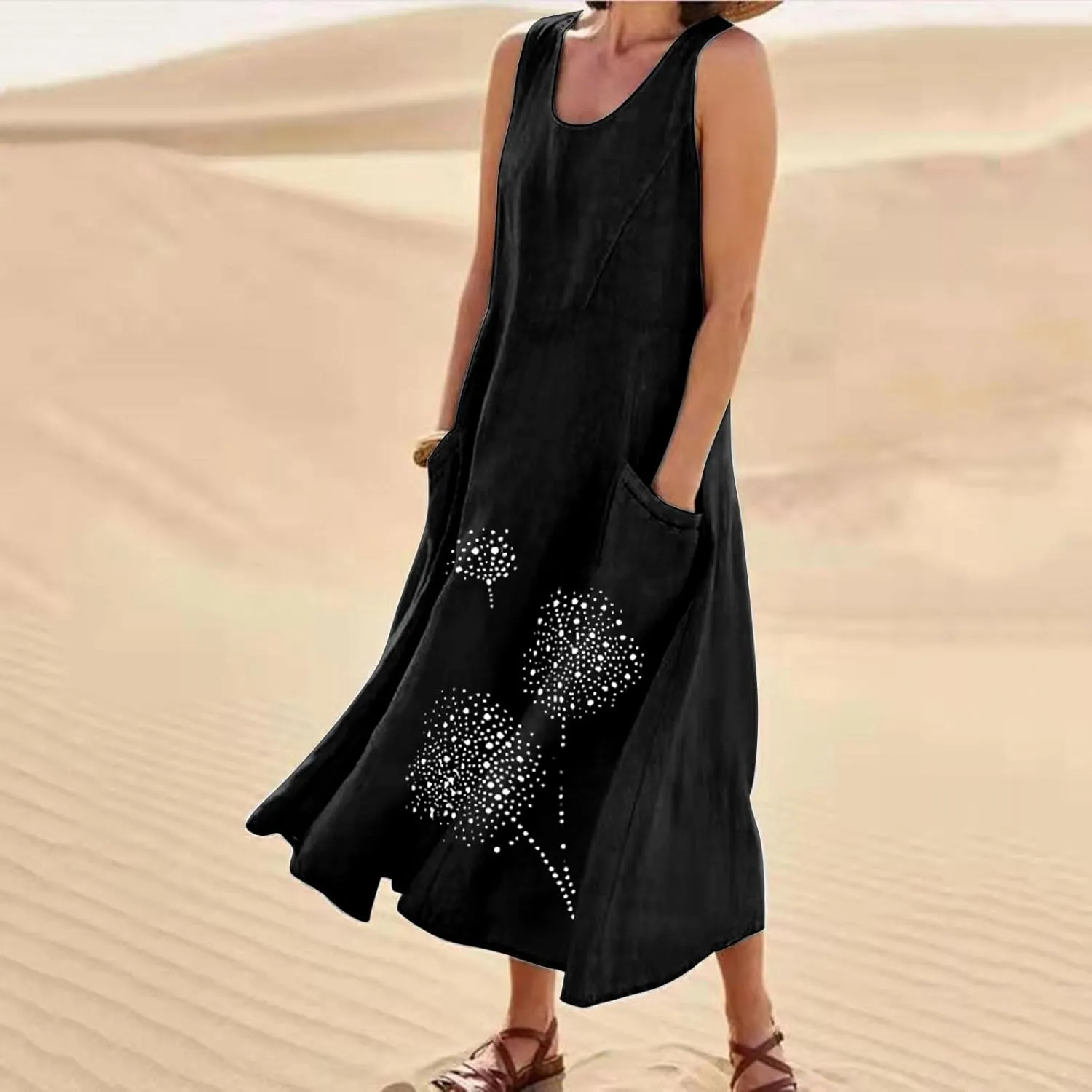 Cotton Linen Dresses for Women 2025 Plus Size Sleeveless Summer Maxi Dress Crewneck Floral Beach Sundress with Pockets