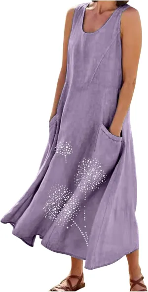 Cotton Linen Dresses for Women 2025 Plus Size Sleeveless Summer Maxi Dress Crewneck Floral Beach Sundress with Pockets