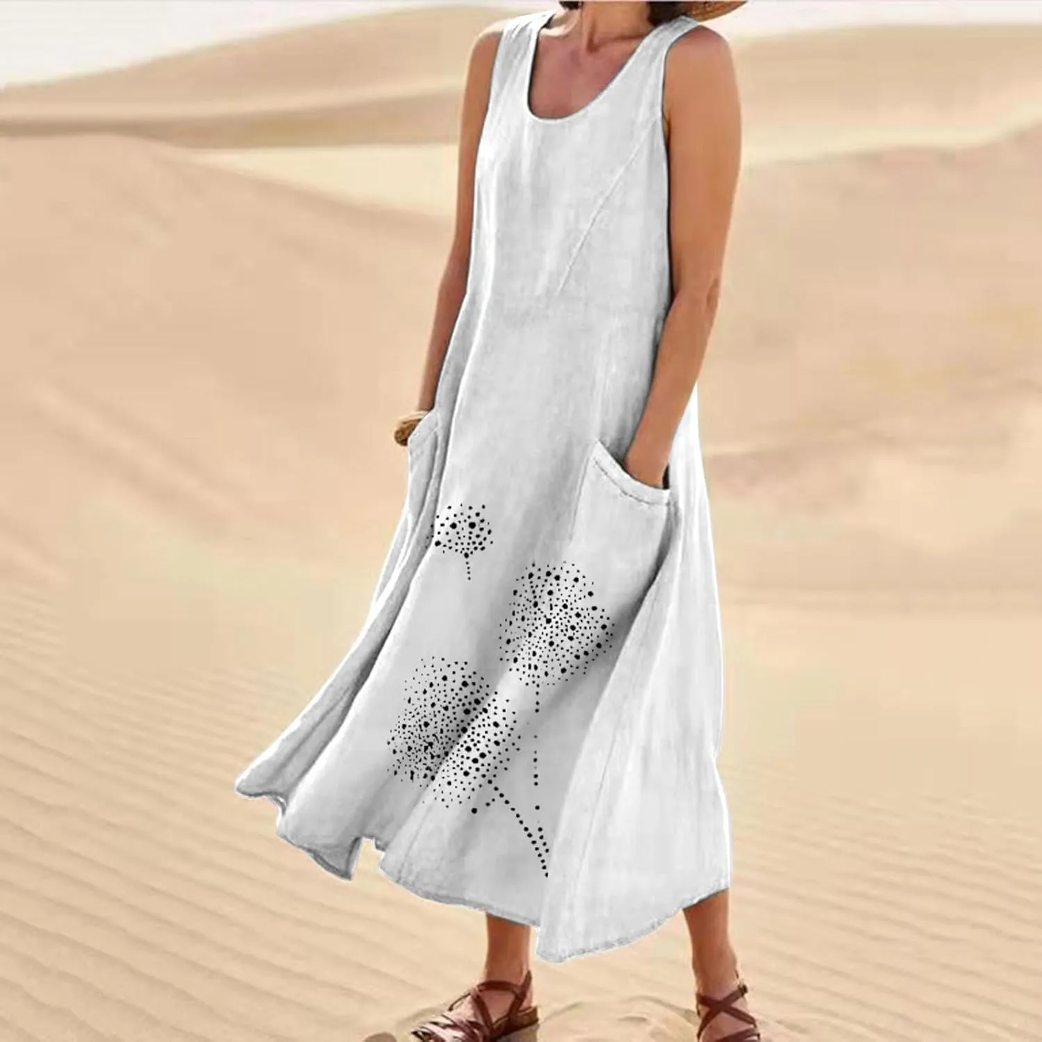 Cotton Linen Dresses for Women 2025 Plus Size Sleeveless Summer Maxi Dress Crewneck Floral Beach Sundress with Pockets