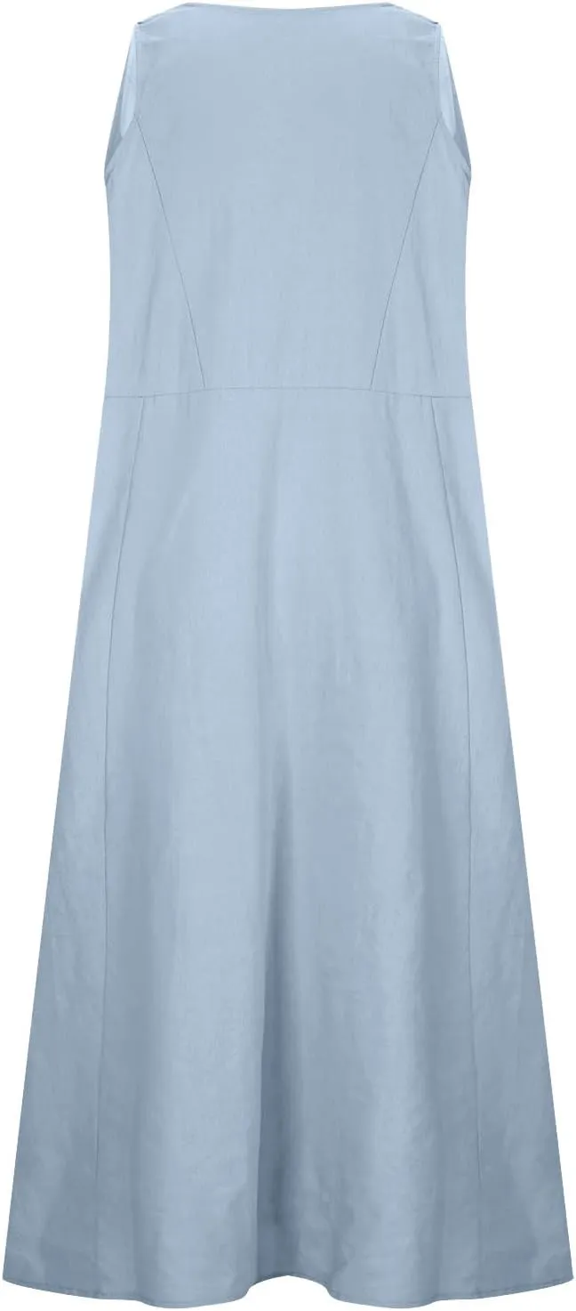 Cotton Linen Dresses for Women 2025 Plus Size Sleeveless Summer Maxi Dress Crewneck Floral Beach Sundress with Pockets