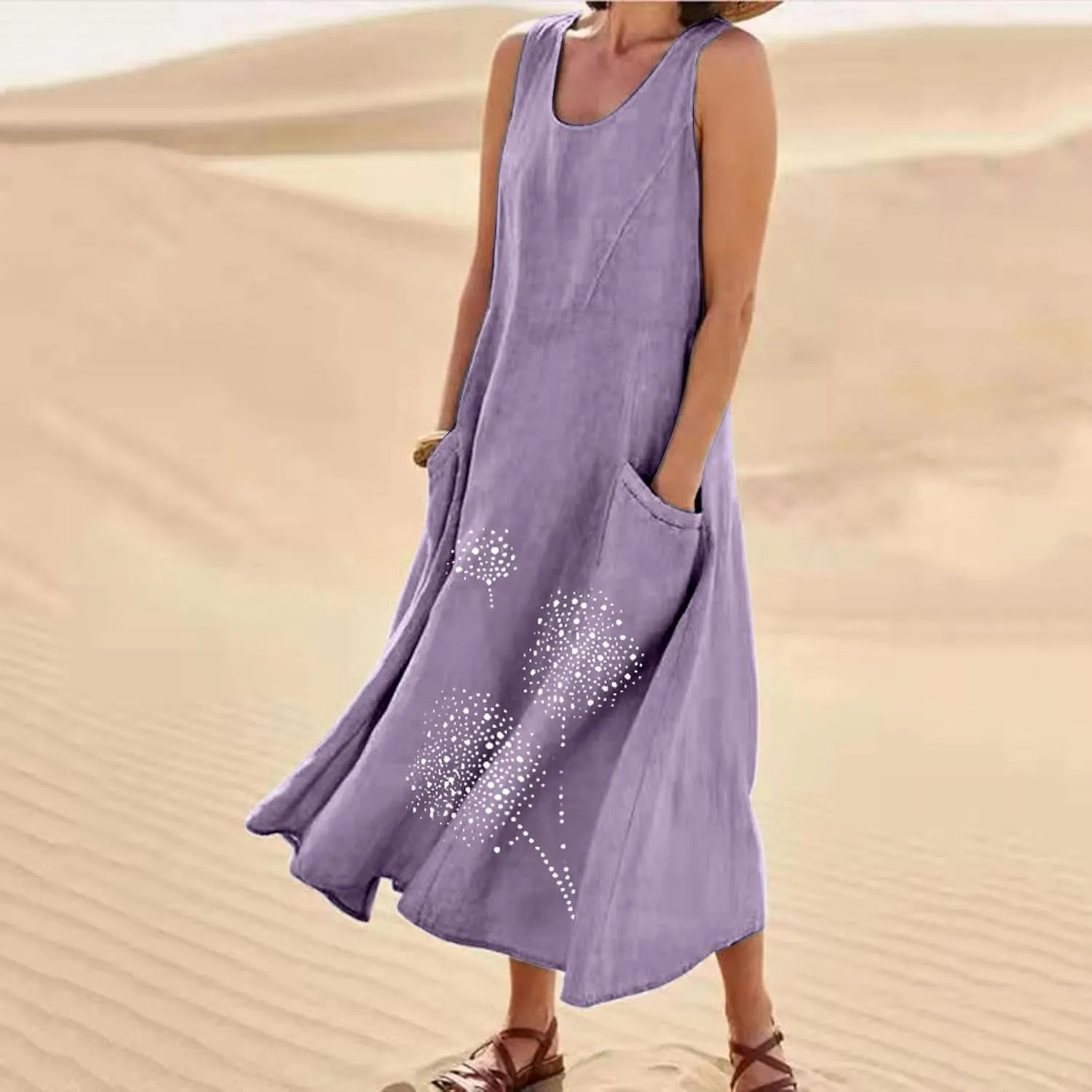 Cotton Linen Dresses for Women 2025 Plus Size Sleeveless Summer Maxi Dress Crewneck Floral Beach Sundress with Pockets