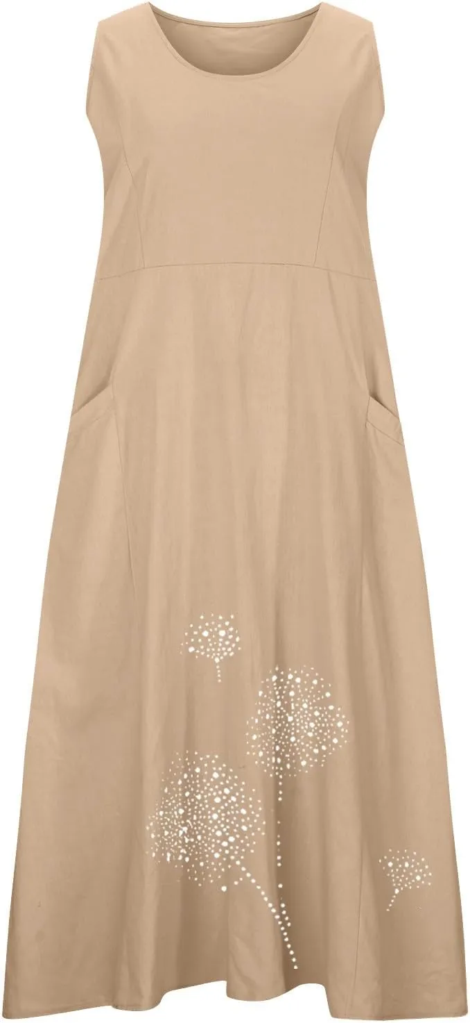 Cotton Linen Dresses for Women 2025 Plus Size Sleeveless Summer Maxi Dress Crewneck Floral Beach Sundress with Pockets