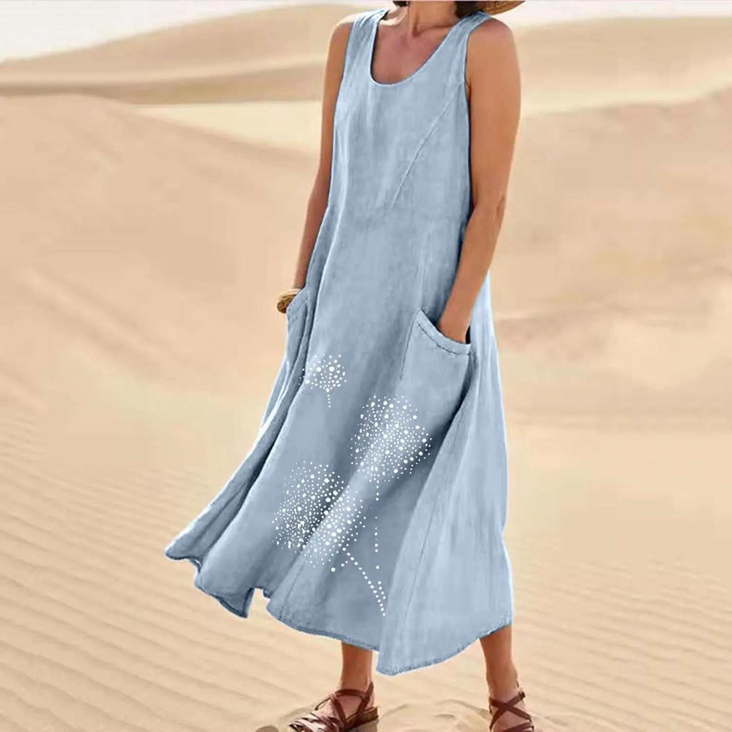 Cotton Linen Dresses for Women 2025 Plus Size Sleeveless Summer Maxi Dress Crewneck Floral Beach Sundress with Pockets