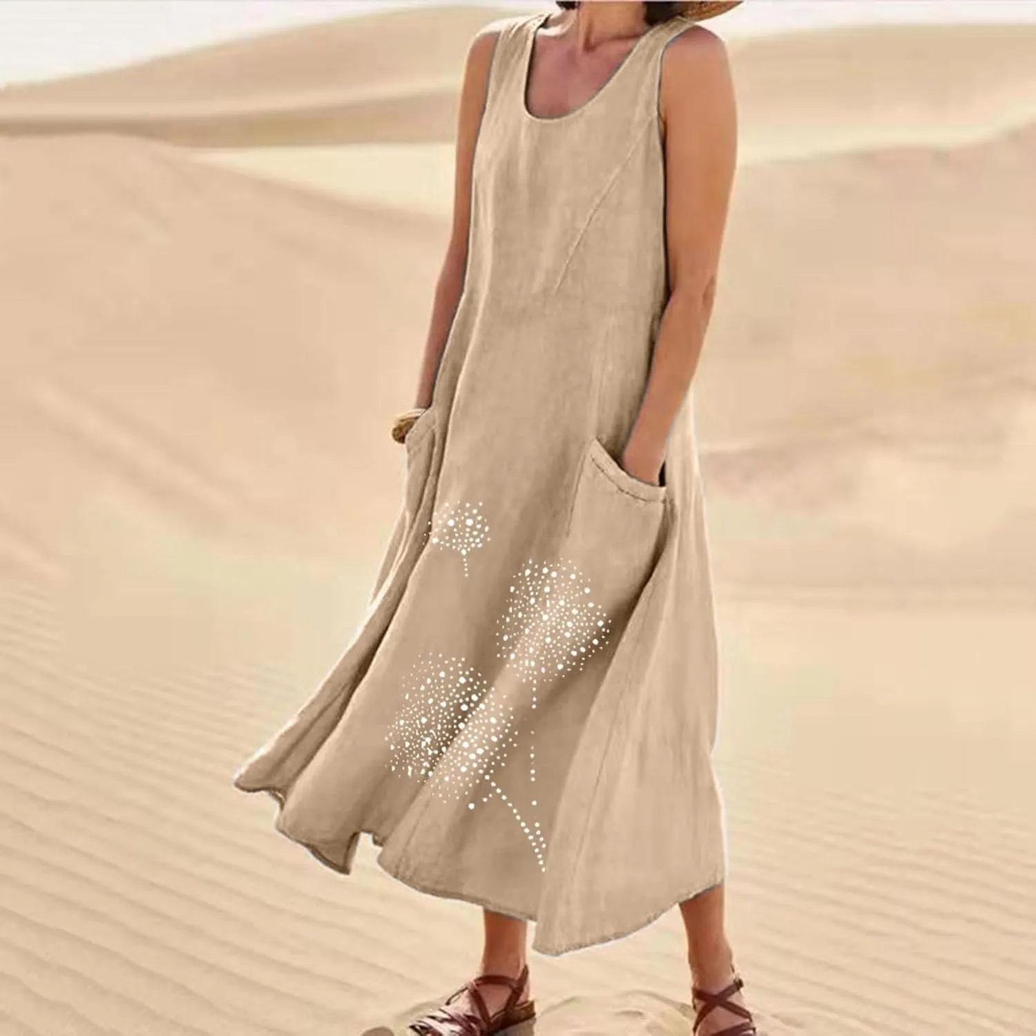 Cotton Linen Dresses for Women 2025 Plus Size Sleeveless Summer Maxi Dress Crewneck Floral Beach Sundress with Pockets