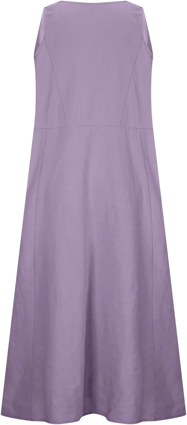 Cotton Linen Dresses for Women 2025 Plus Size Sleeveless Summer Maxi Dress Crewneck Floral Beach Sundress with Pockets