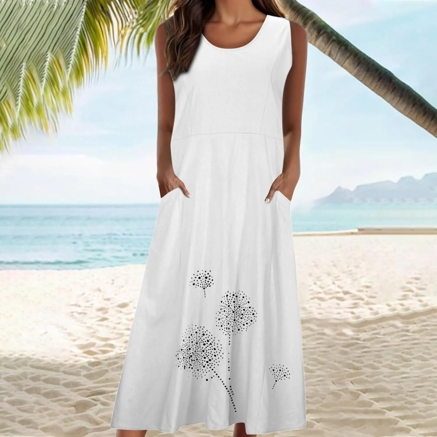 Cotton Linen Dresses for Women 2025 Plus Size Sleeveless Summer Maxi Dress Crewneck Floral Beach Sundress with Pockets