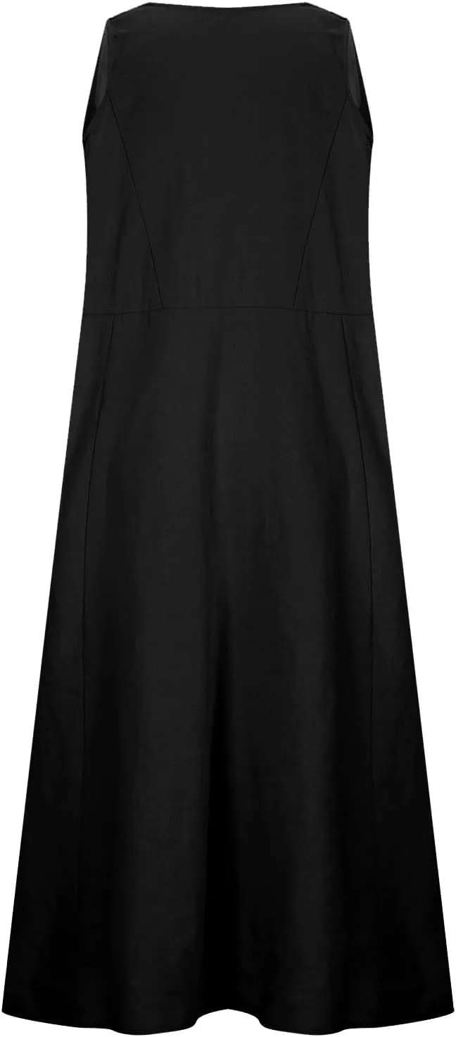 Cotton Linen Dresses for Women 2025 Plus Size Sleeveless Summer Maxi Dress Crewneck Floral Beach Sundress with Pockets