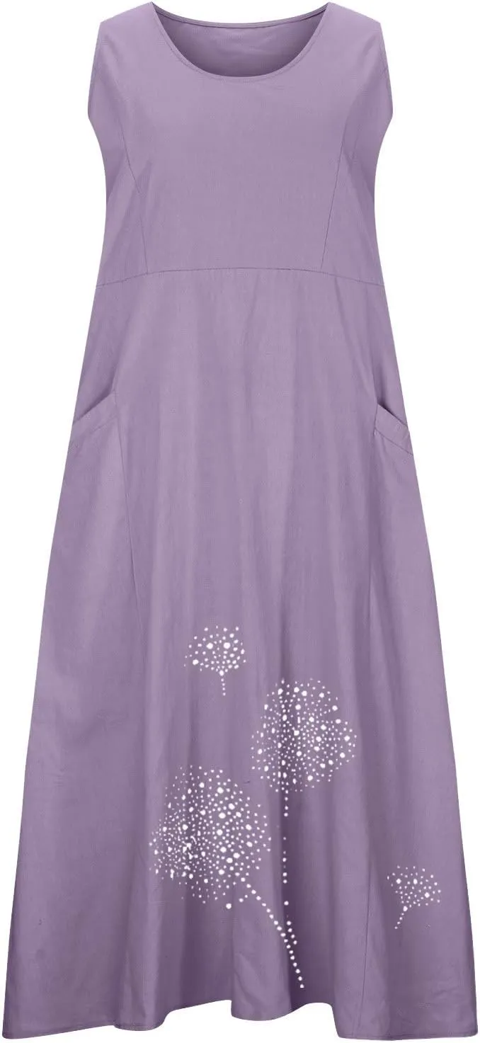 Cotton Linen Dresses for Women 2025 Plus Size Sleeveless Summer Maxi Dress Crewneck Floral Beach Sundress with Pockets
