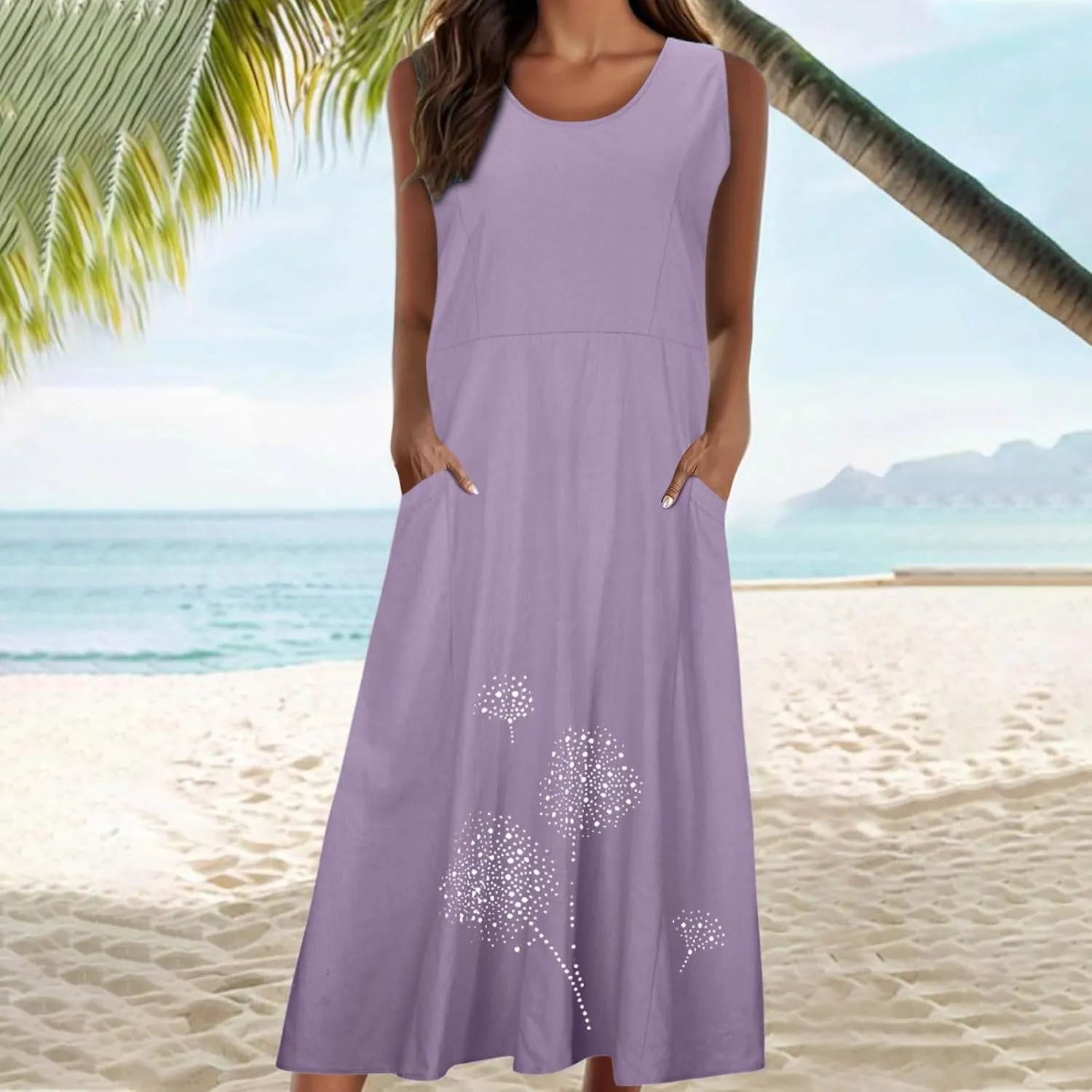 Cotton Linen Dresses for Women 2025 Plus Size Sleeveless Summer Maxi Dress Crewneck Floral Beach Sundress with Pockets
