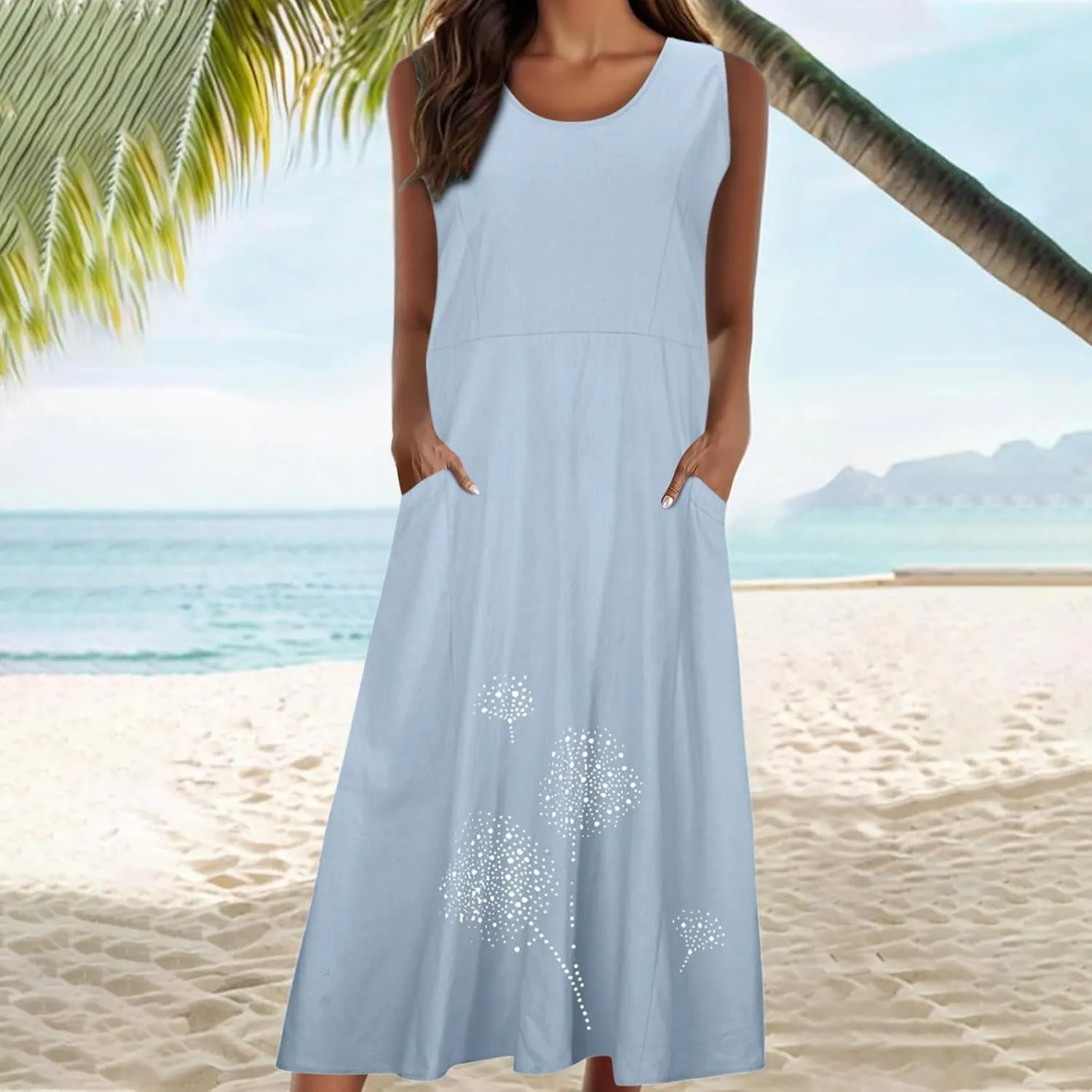 Cotton Linen Dresses for Women 2025 Plus Size Sleeveless Summer Maxi Dress Crewneck Floral Beach Sundress with Pockets